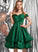 Prom Dresses Jewel With Satin A-Line Ruffle Off-the-Shoulder Knee-Length