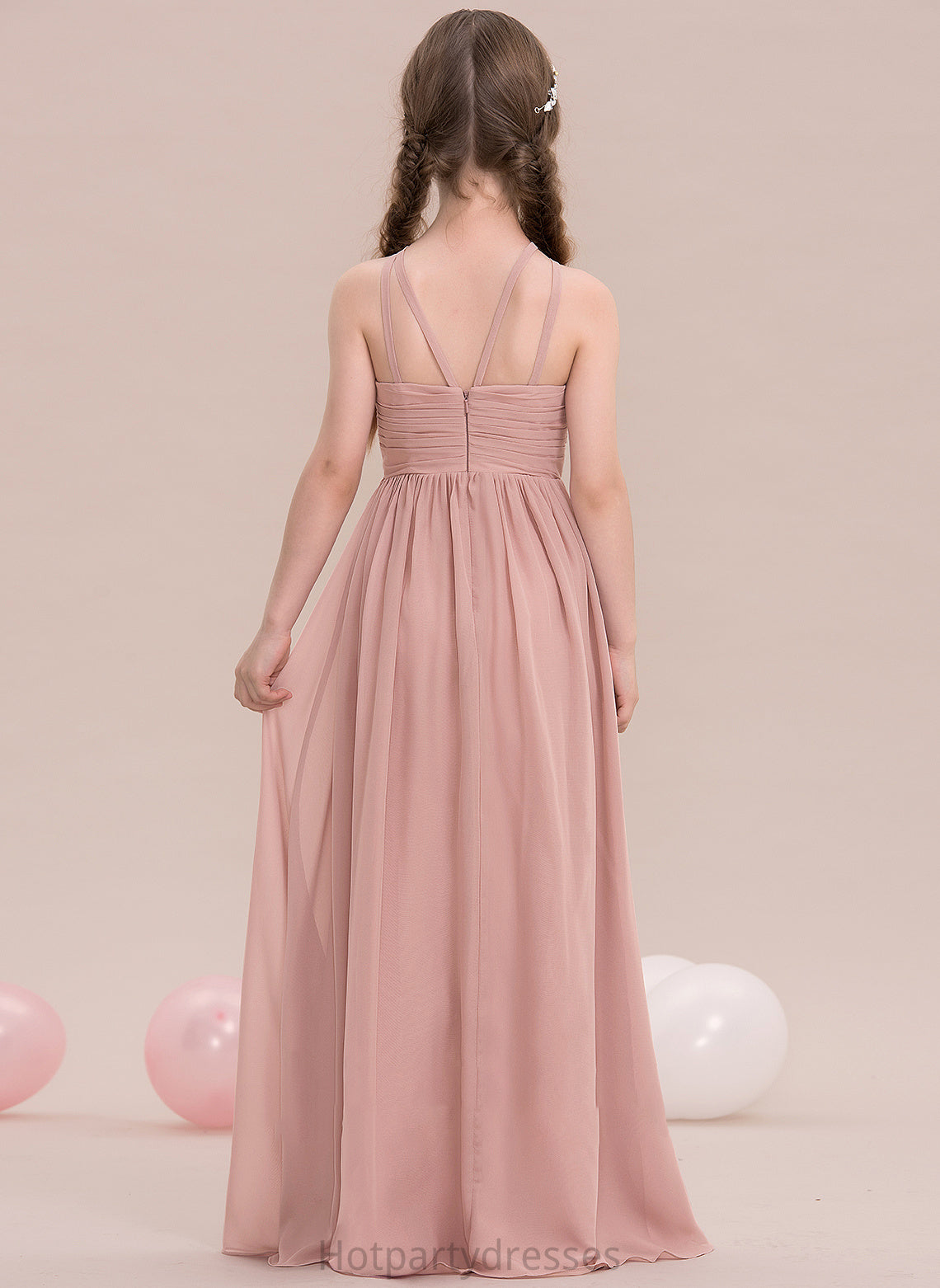 A-Line Ruffle Neck Scoop Mariana Chiffon Floor-Length With Junior Bridesmaid Dresses