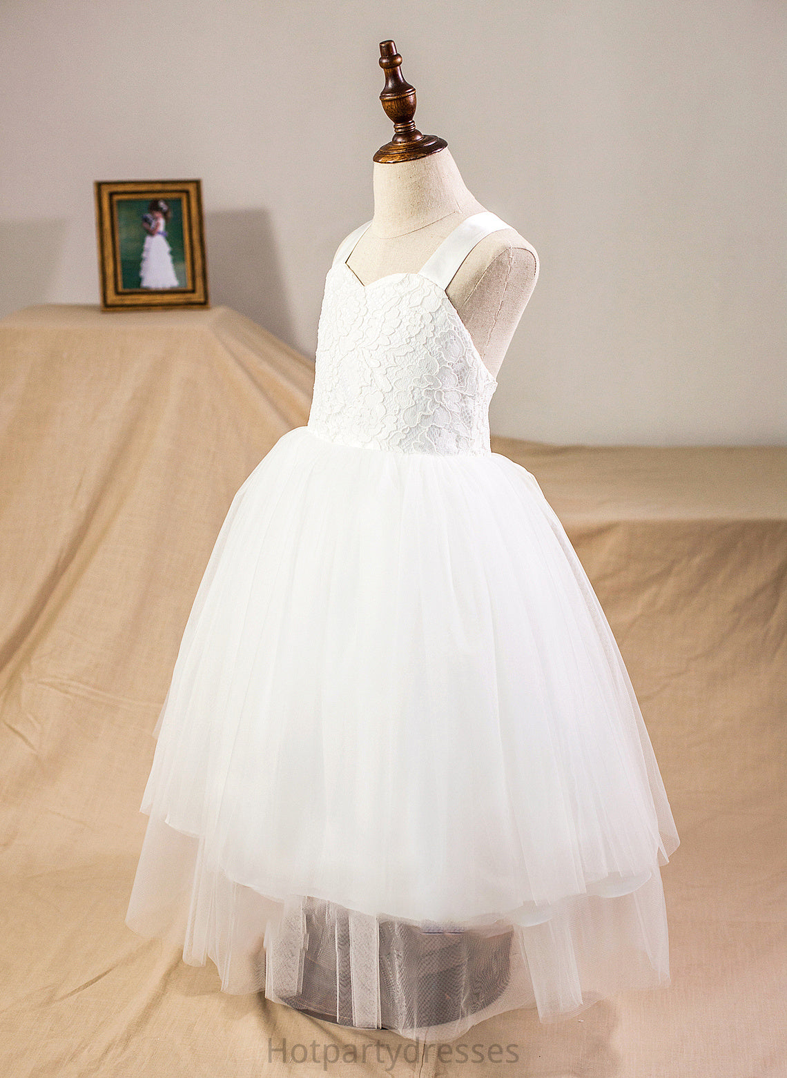 Bow(s) Sweetheart Lace With Ball-Gown/Princess Tulle Brianna Tea-Length Satin Junior Bridesmaid Dresses