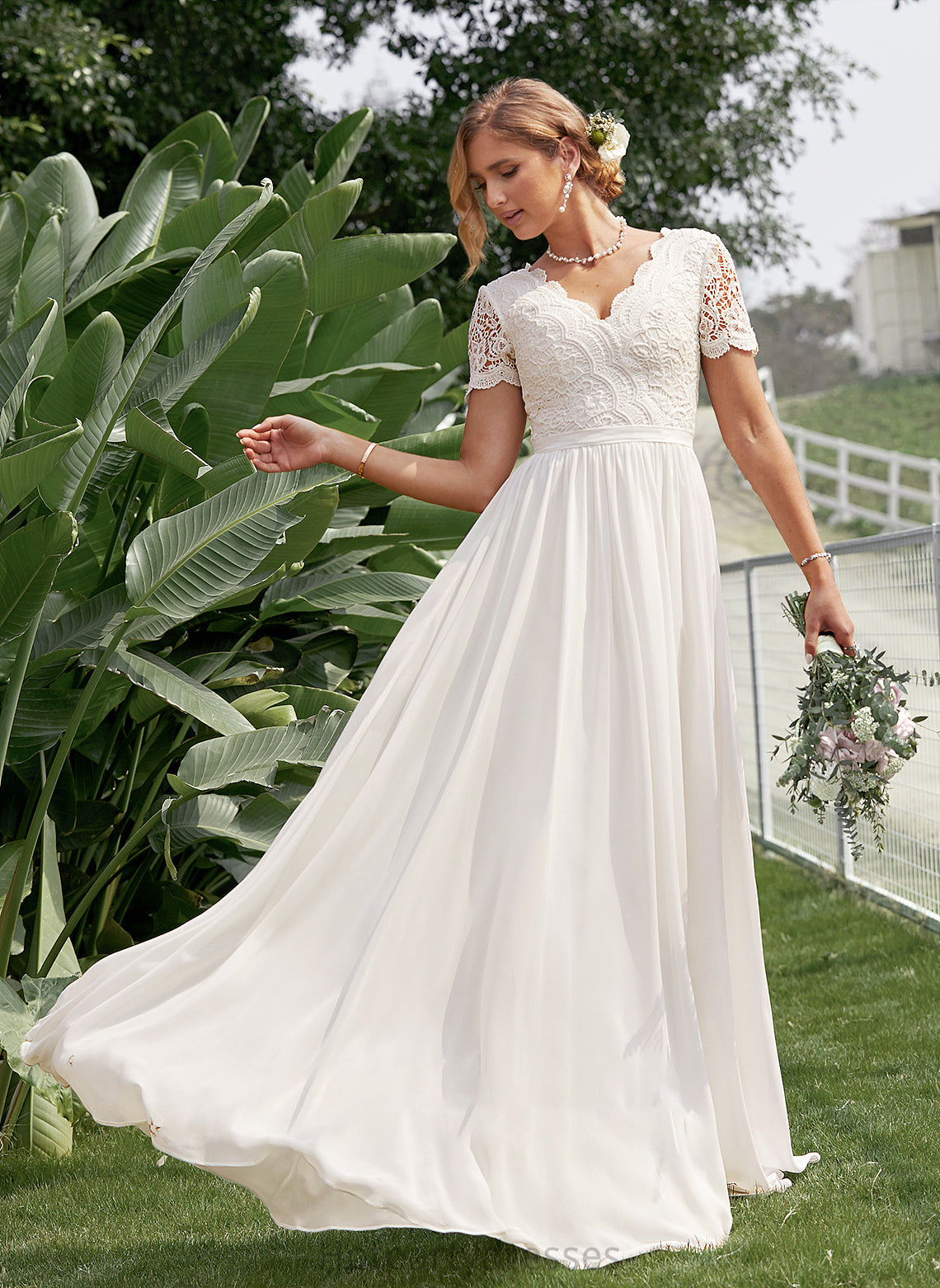 Lace Chiffon A-Line Wedding Dresses Dress V-neck Floor-Length Maci Wedding