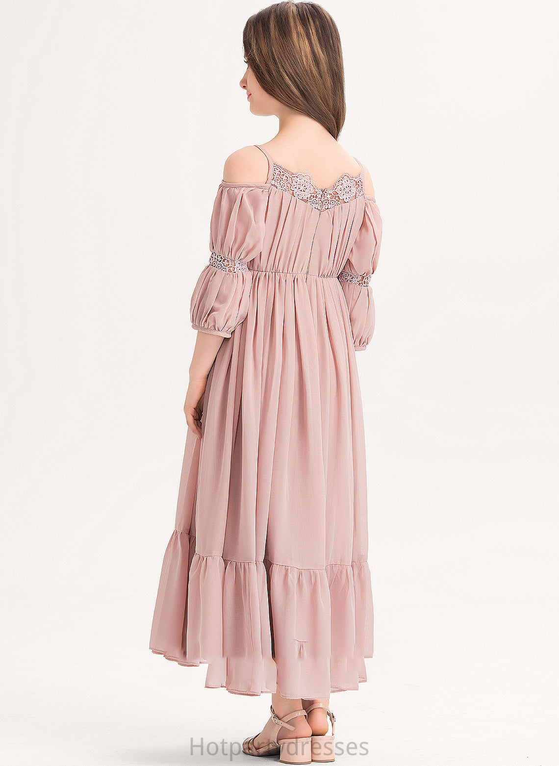 Lace Junior Bridesmaid Dresses Ankle-Length With Ruffle Chiffon A-Line Square Neckline Shelby