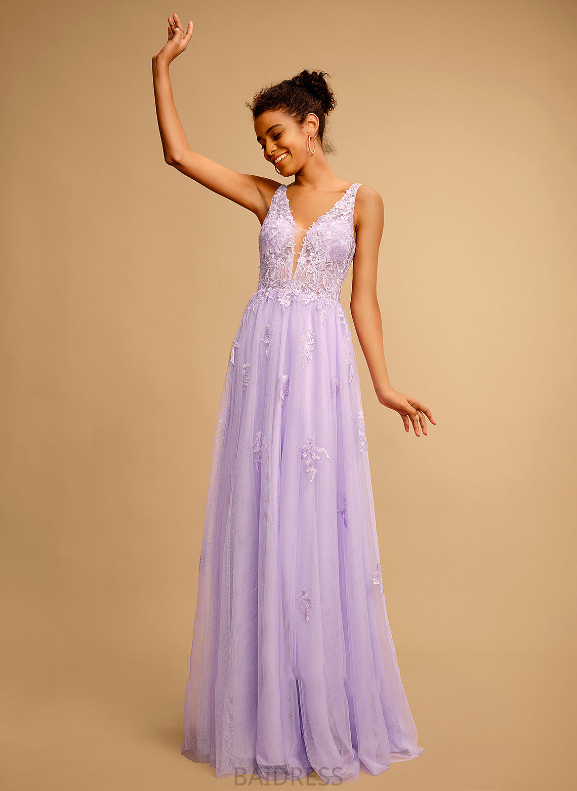 Lace V-neck With Ball-Gown/Princess Roselyn Floor-Length Prom Dresses Tulle