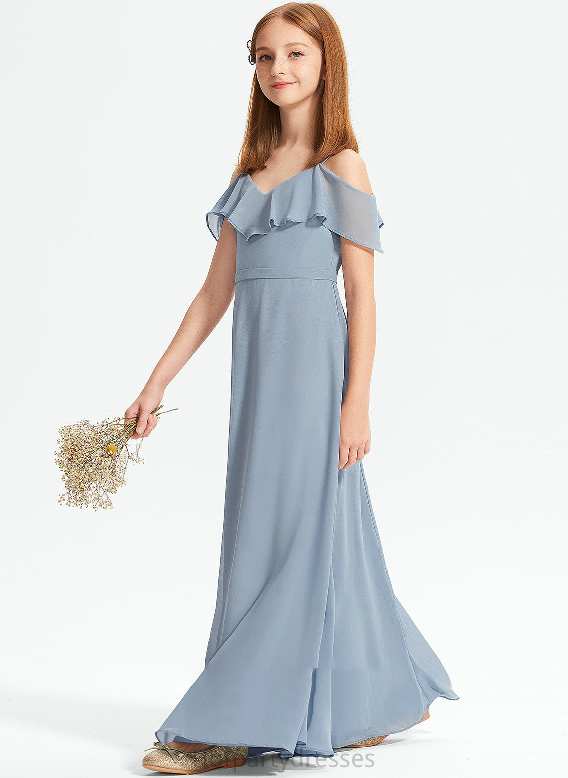 Junior Bridesmaid Dresses A-Line With Off-the-Shoulder Aracely Floor-Length Chiffon Ruffles