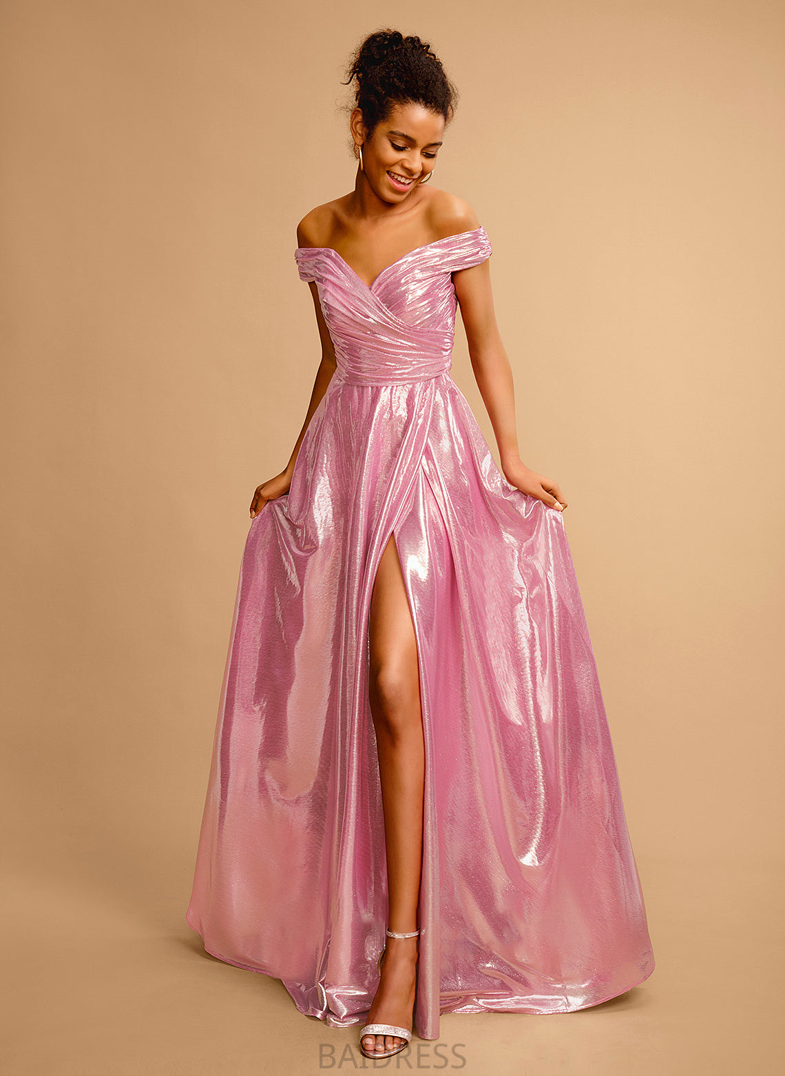 Pleated Satin With Floor-Length Prom Dresses Sequins Ingrid Off-the-Shoulder A-Line