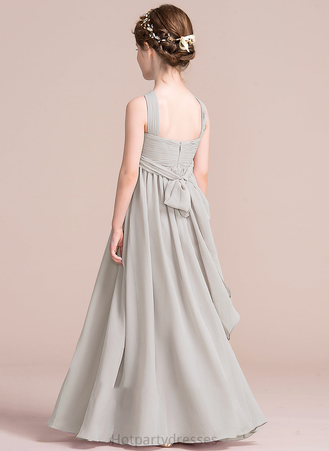 Floor-Length Junior Bridesmaid Dresses Noemi With Ruffle Bow(s) A-Line Chiffon V-neck