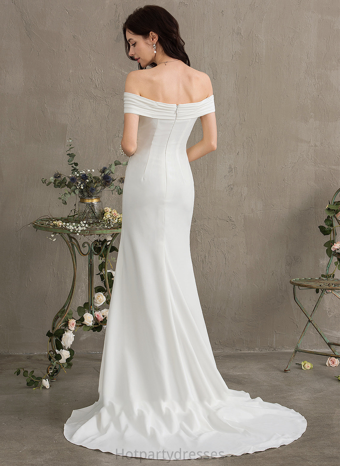 Sheath/Column Off-the-Shoulder Train Wedding Ruffle Front Split Stretch Holly Crepe Dress Wedding Dresses Sweep With