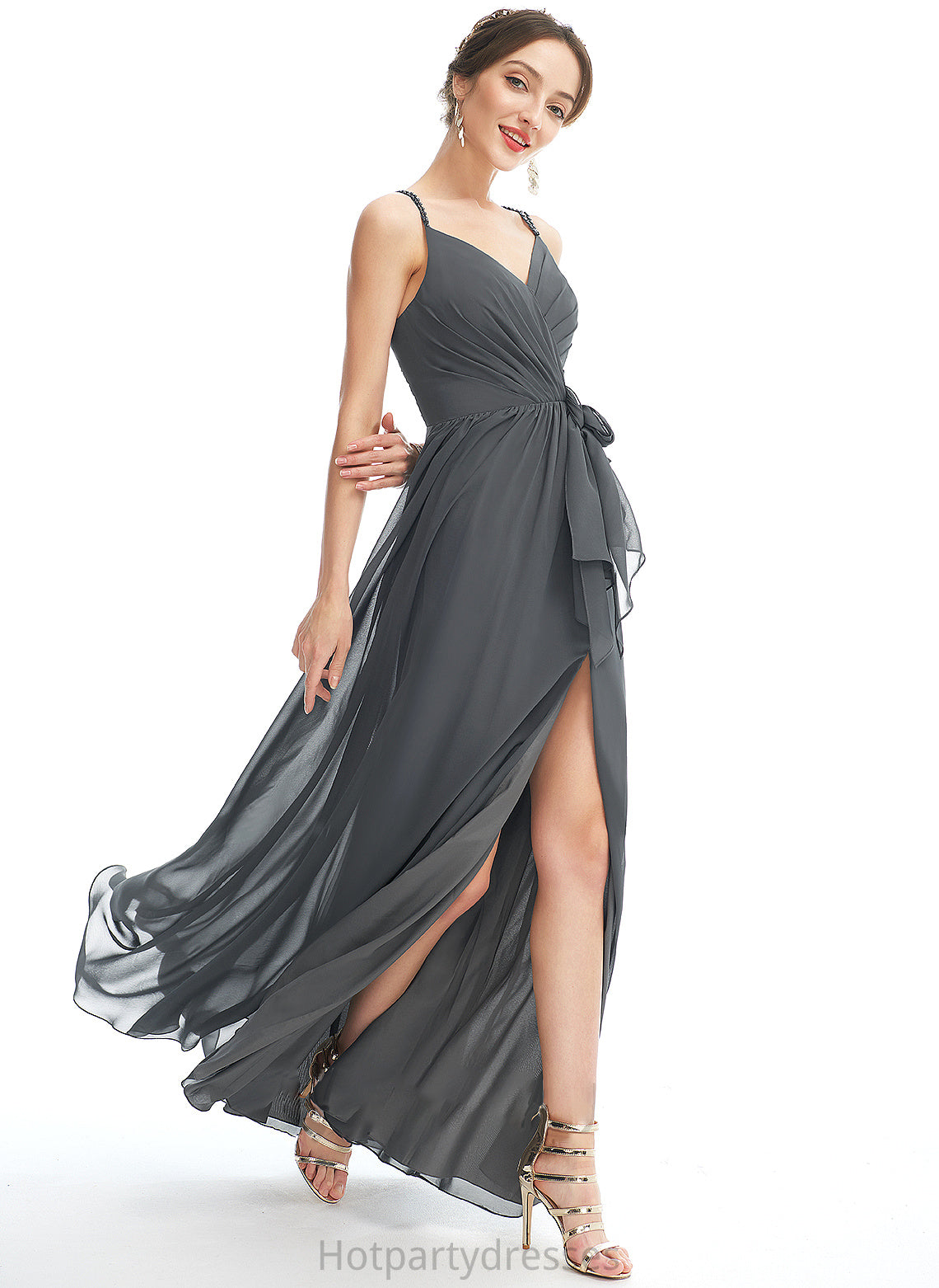Length Neckline A-Line Ruffle V-neck Fabric Silhouette Floor-Length Beading Embellishment SplitFront Marely Bridesmaid Dresses
