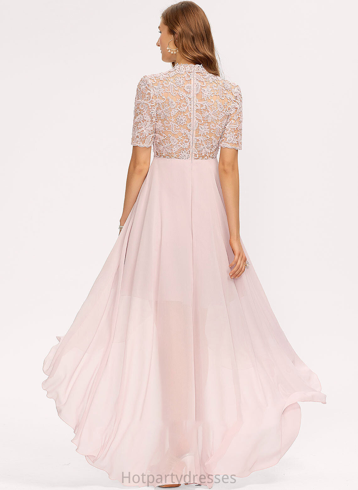 Lace Fabric A-Line Neckline Length Silhouette HighNeck Straps Asymmetrical Kaliyah V-Neck Floor Length Bridesmaid Dresses