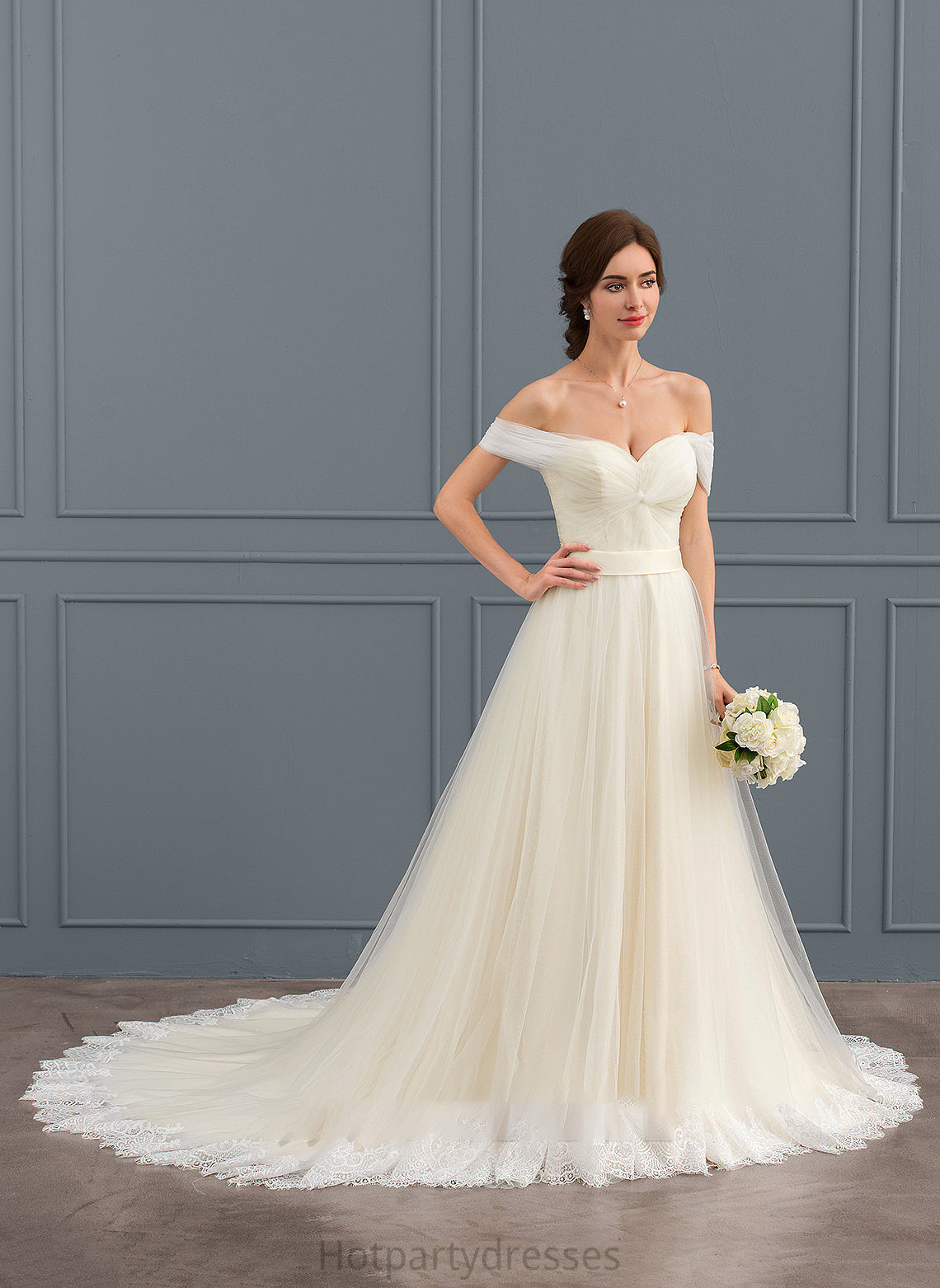 Tulle Ball-Gown/Princess Court Wedding Dress Cornelia Wedding Dresses Train Off-the-Shoulder With Lace Ruffle