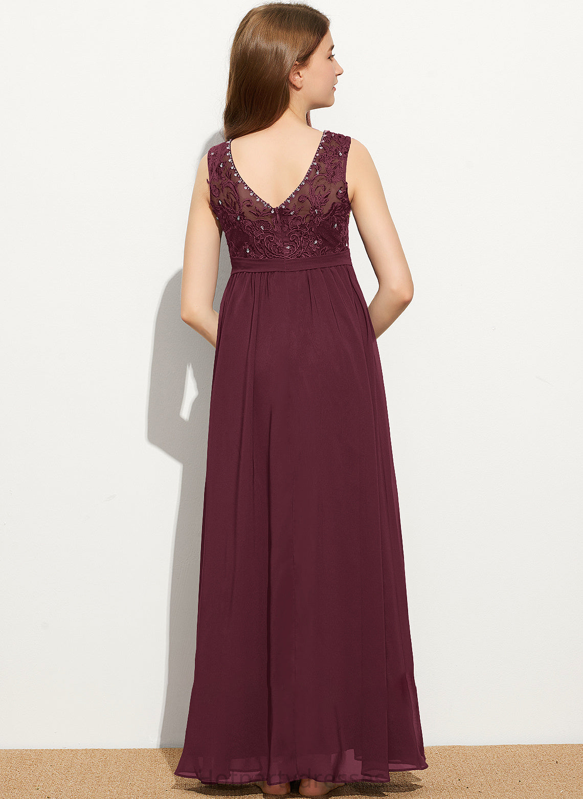 Junior Bridesmaid Dresses Scoop Floor-Length Margaret Chiffon Lace Sequins Beading Neck With A-Line