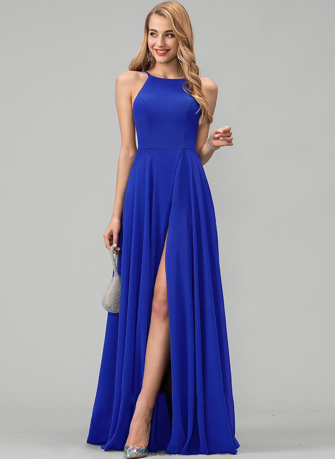 Front Neck Split Scoop Chiffon Prom Dresses Floor-Length With A-Line Holly