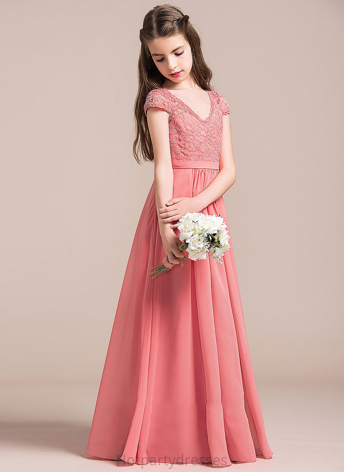 Junior Bridesmaid Dresses Chiffon Carina A-Line V-neck Floor-Length Lace