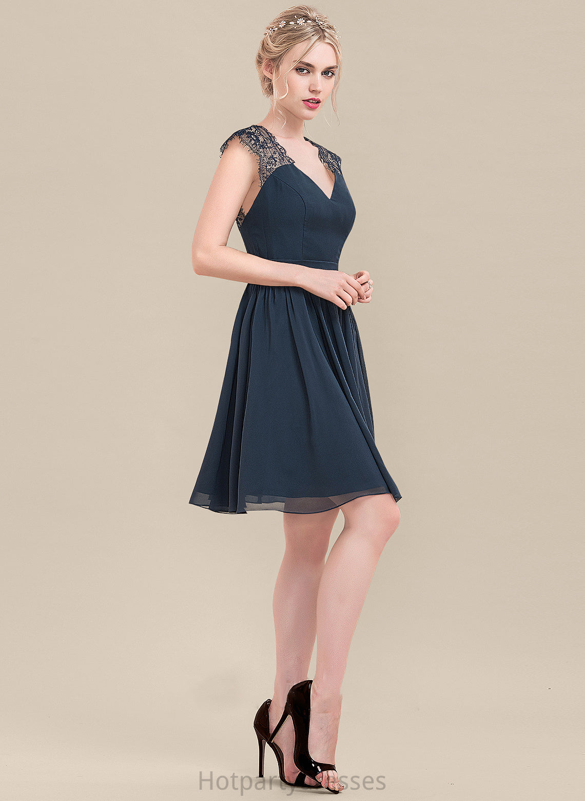 Neckline Lace A-Line Length Straps Silhouette V-neck Knee-Length Fabric Liberty Floor Length Natural Waist Bridesmaid Dresses