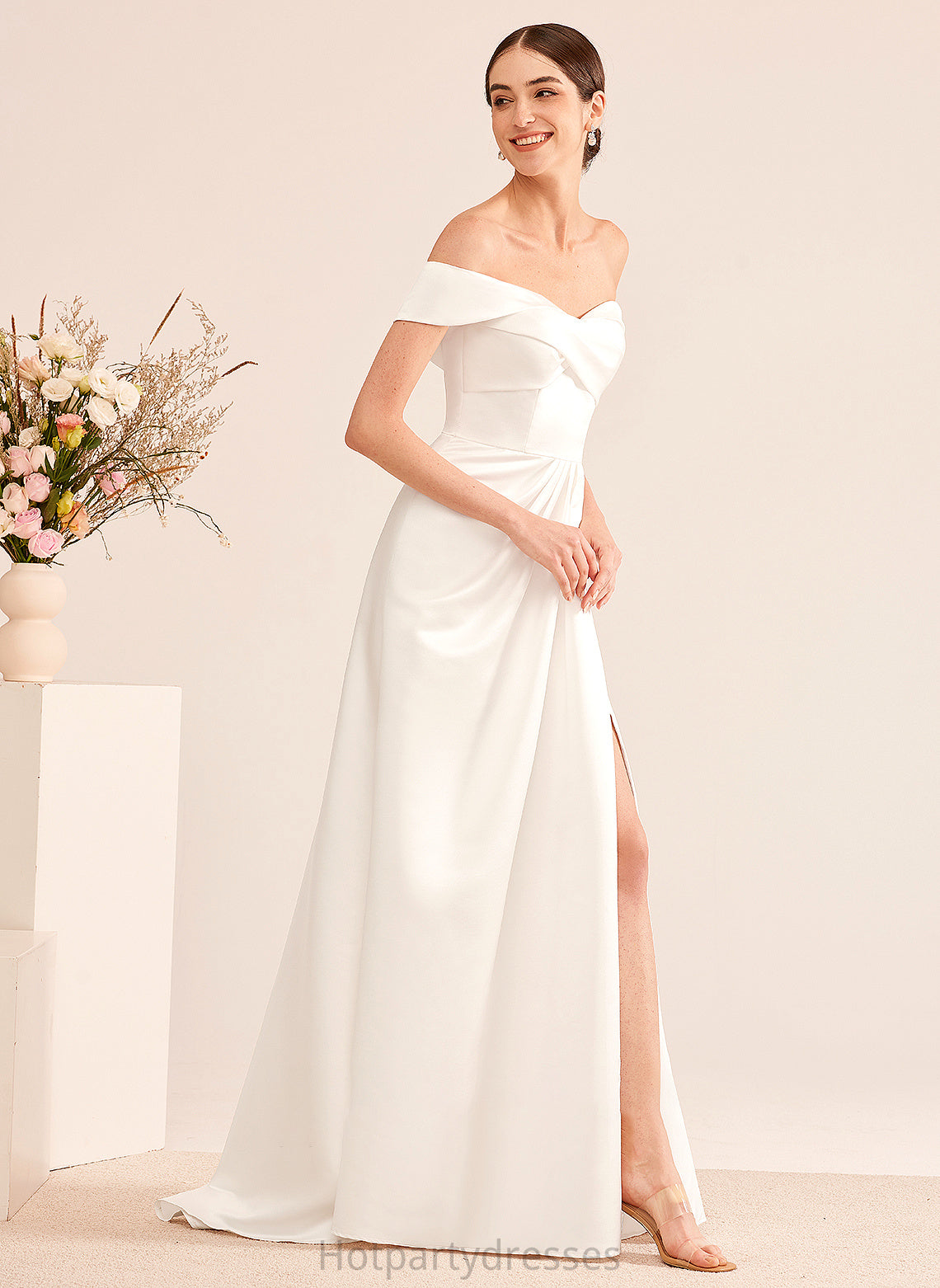 Heather A-Line Train Wedding Dresses Sweep Front Dress Wedding With Split Ruffle Off-the-Shoulder