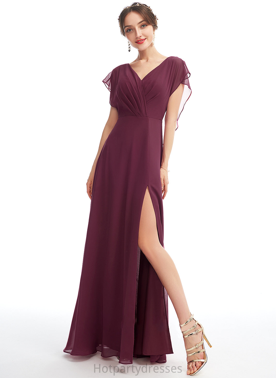 Embellishment Length Silhouette V-neck A-Line SplitFront Floor-Length Fabric Neckline Ruffle Aliya Straps Bridesmaid Dresses