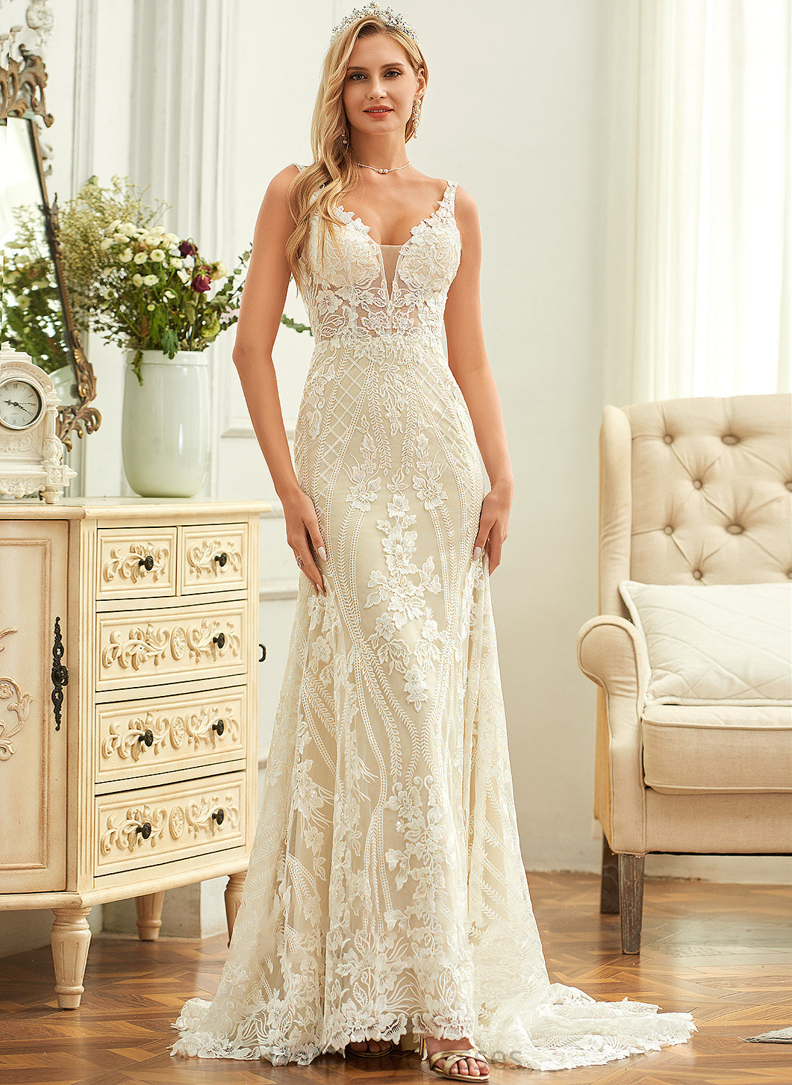 Trumpet/Mermaid Dress Court Lace Train Wedding Dresses Danica V-neck Wedding Tulle