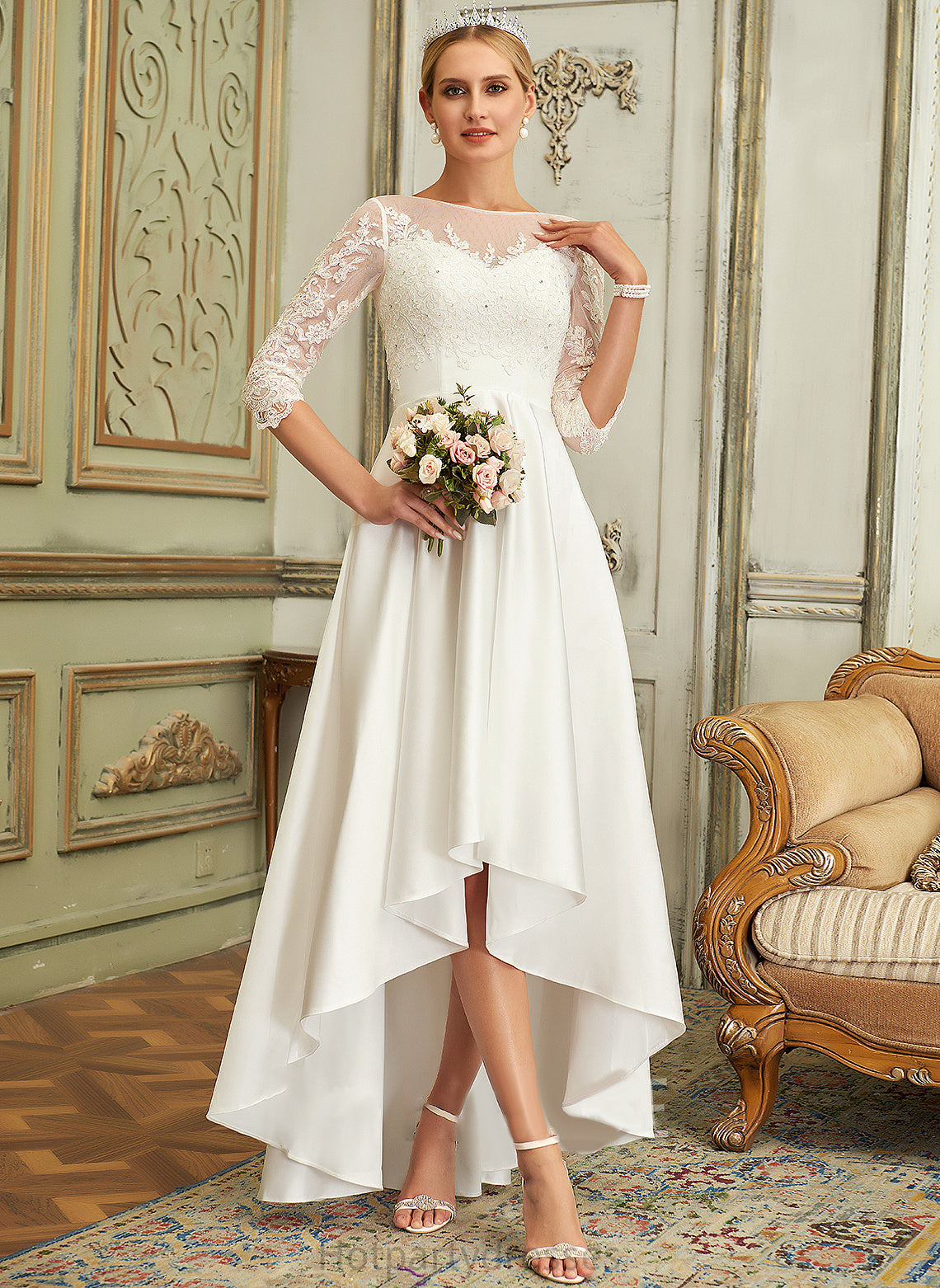 Wedding Asymmetrical Wedding Dresses Emily A-Line Dress Satin Neck Lace Scoop