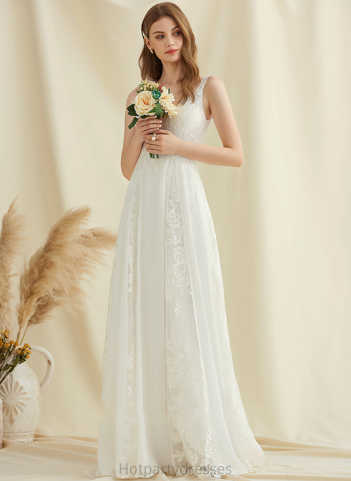 Sweep Wedding Dresses With Ann Train A-Line V-neck Chiffon Lace Dress Sequins Wedding