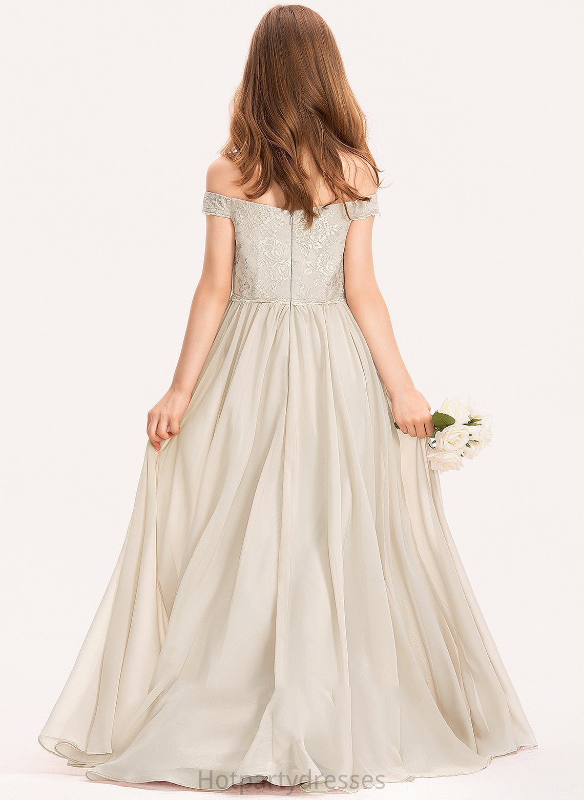Floor-Length Lace A-Line Junior Bridesmaid Dresses Piper Chiffon Off-the-Shoulder
