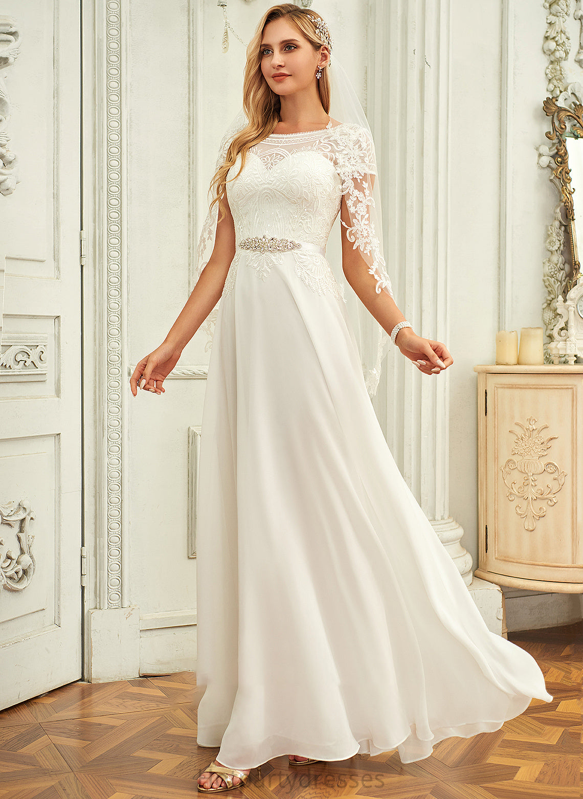 Wedding With Floor-Length Chiffon Kaitlynn Wedding Dresses Dress Neck A-Line Sequins Scoop Lace