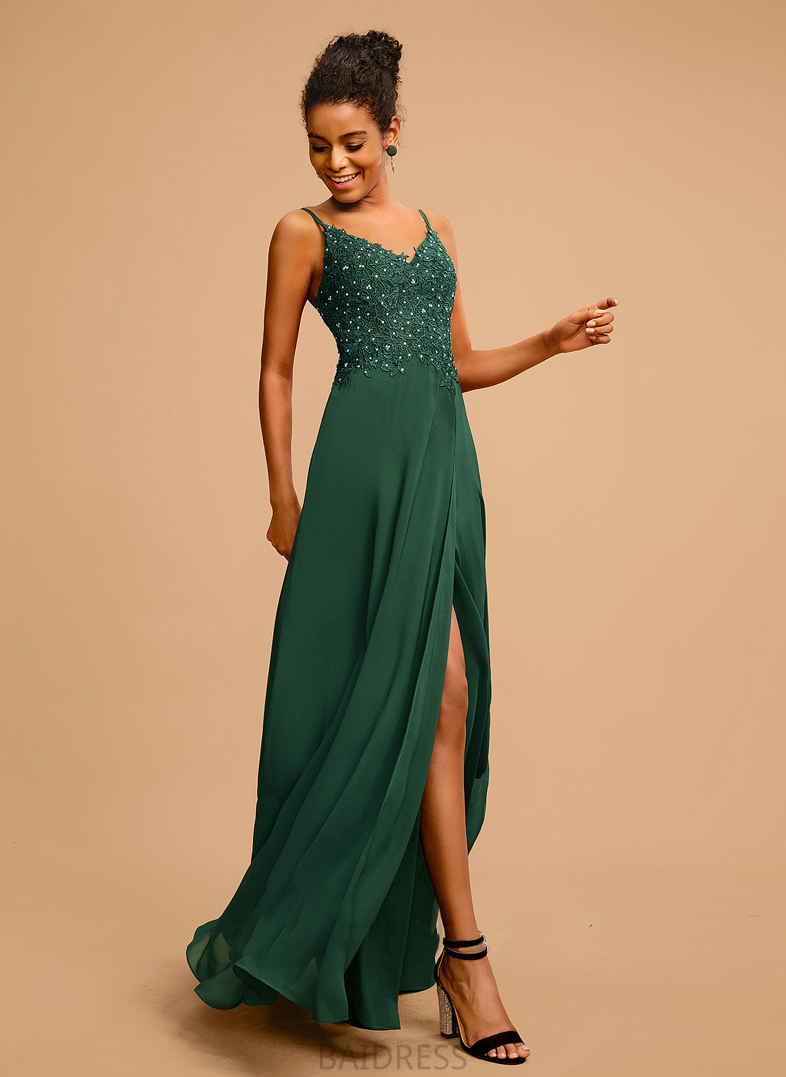 Lace Chiffon Floor-Length Beading Sequins With A-Line V-neck Prom Dresses Aurora