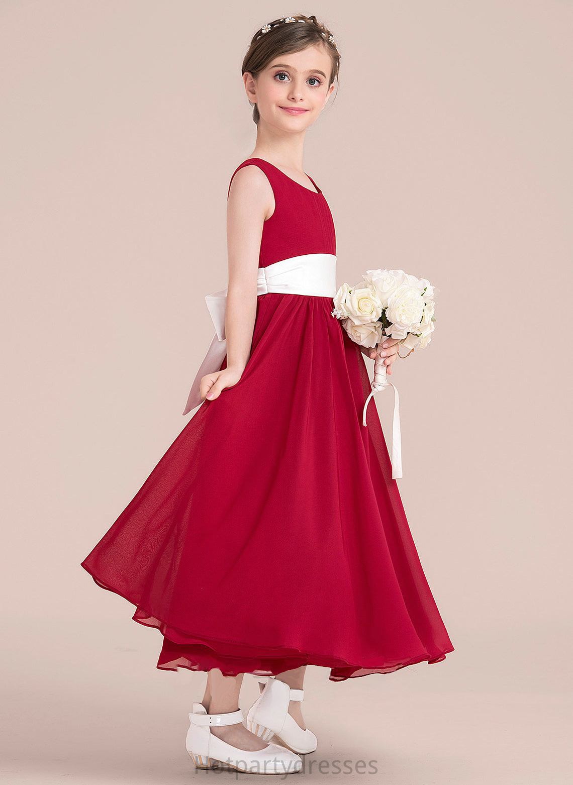 Scarlett With Ankle-Length Junior Bridesmaid Dresses Neck A-Line Chiffon Sash Empire Scoop Bow(s)