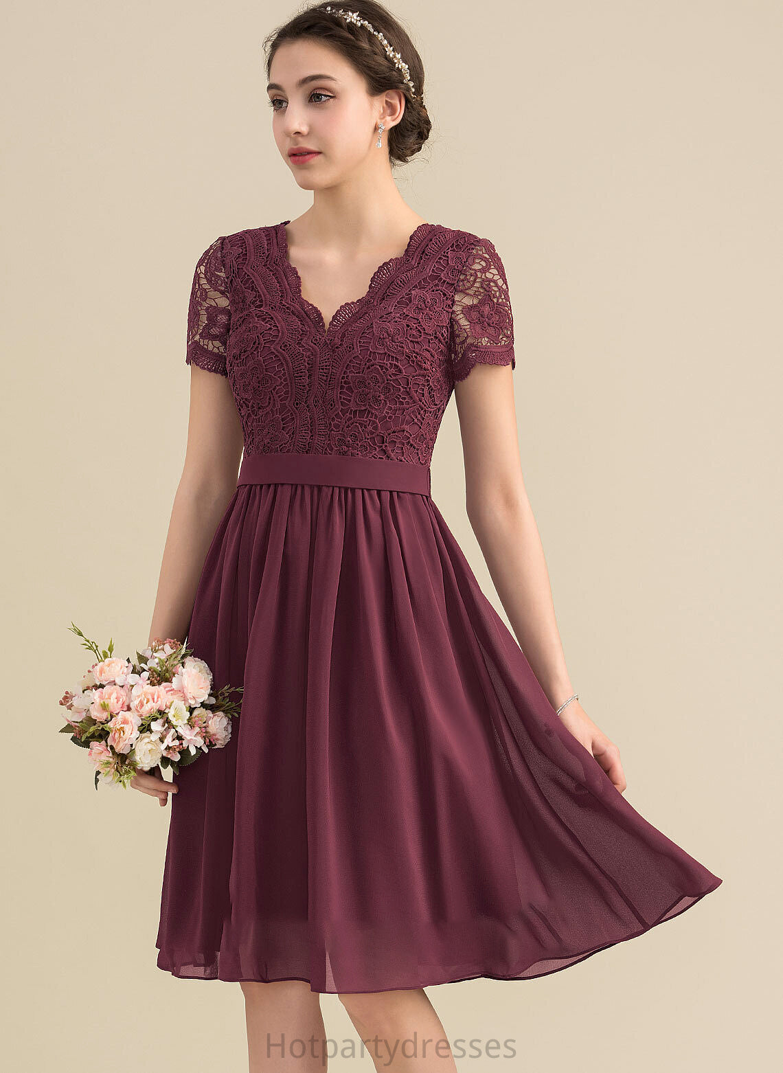 Knee-Length Neckline A-Line V-neck Lace Silhouette Length Straps Fabric Asia Floor Length Sleeveless Bridesmaid Dresses
