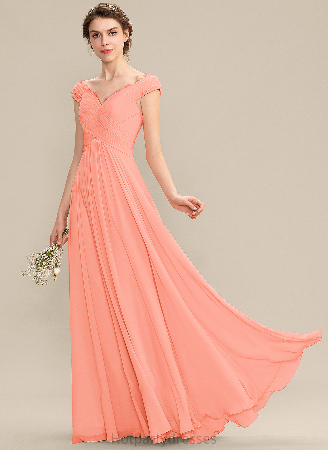 Fabric A-Line Silhouette Off-the-Shoulder Embellishment Floor-Length Length Ruffle Lace Neckline Esther Floor Length Bridesmaid Dresses