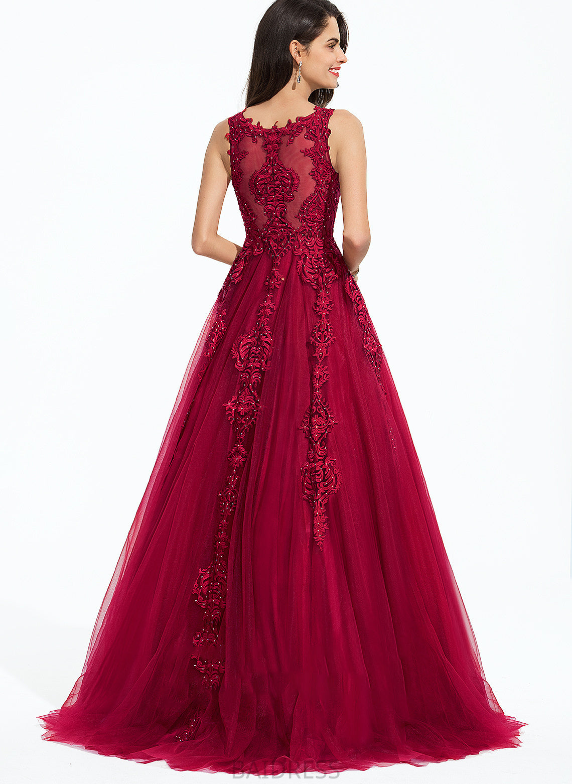 Train Neck Prom Dresses With Emerson Tulle Beading Sweep Scoop Ball-Gown/Princess