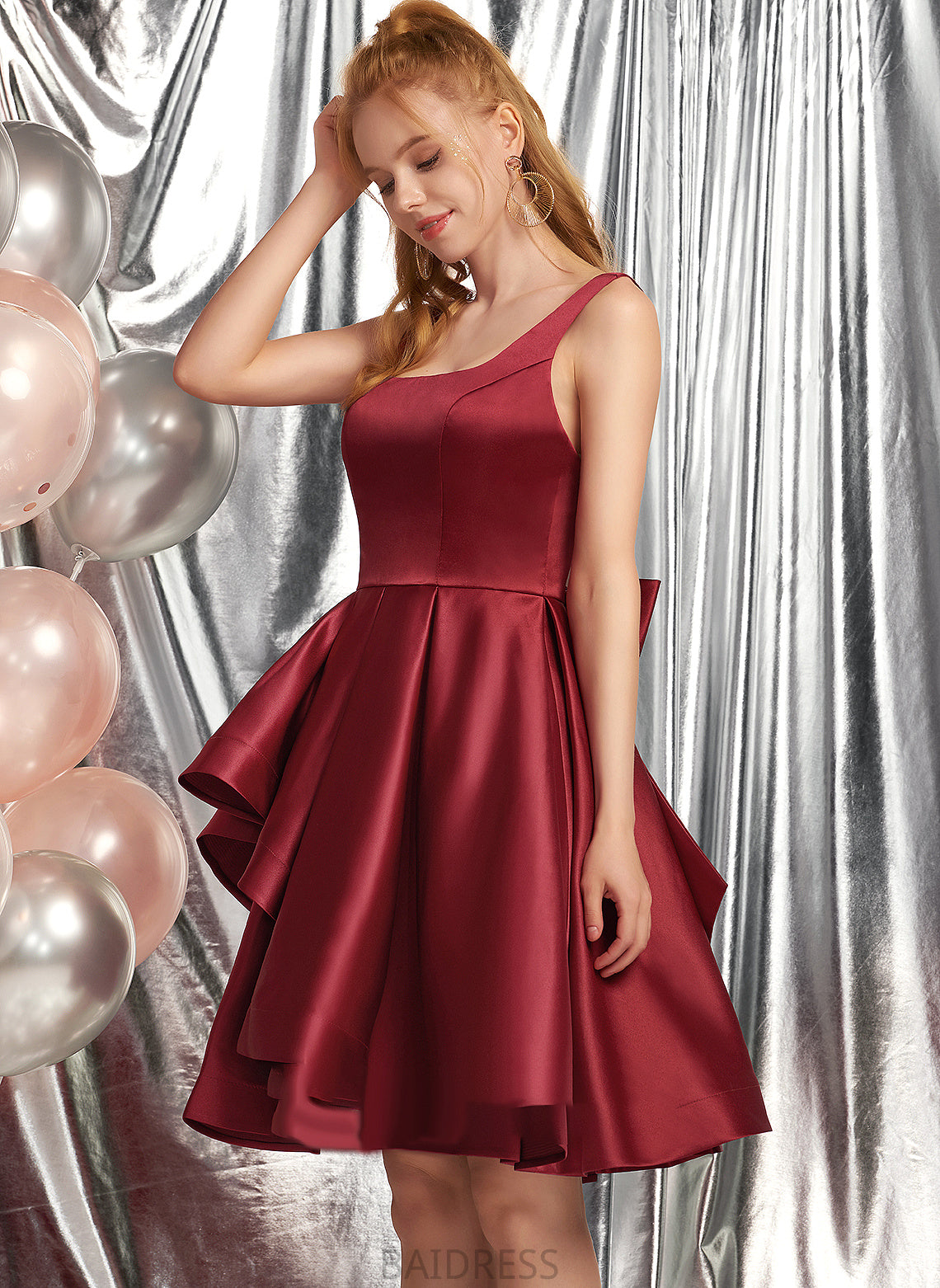 Cascading With A-Line Ruffles Bow(s) Knee-Length Journey Prom Dresses Satin Square Neckline