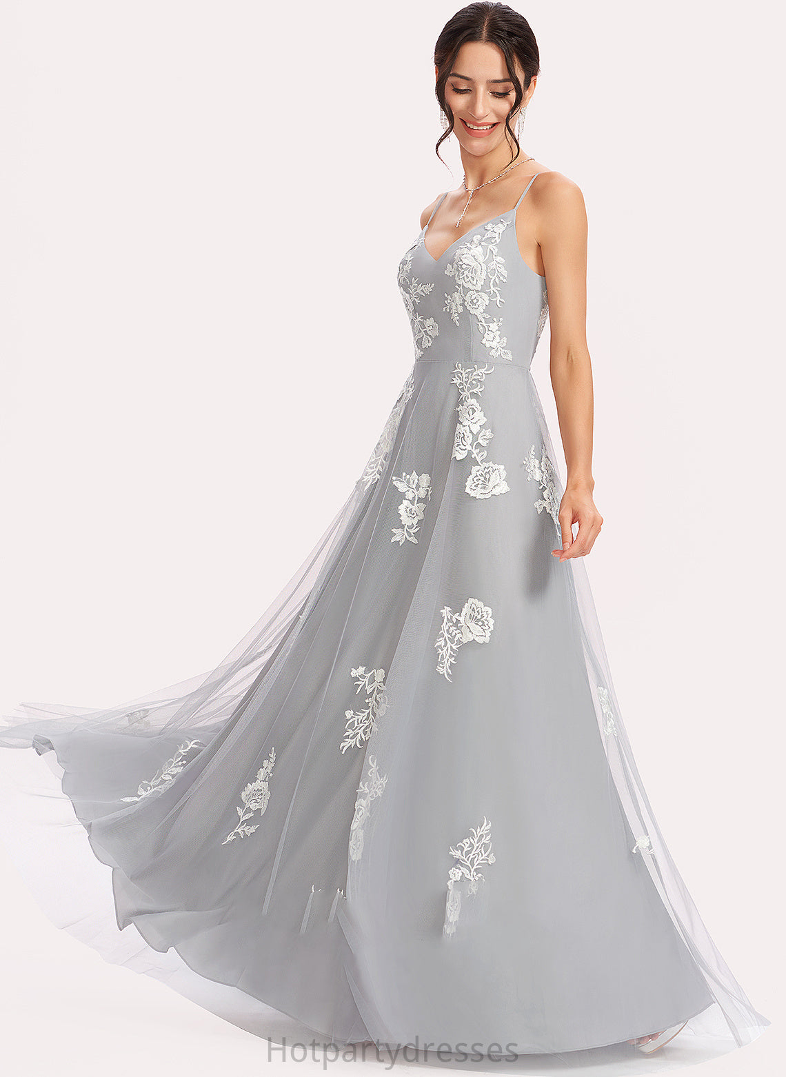 Fabric Lace Floor-Length Silhouette Neckline A-Line V-neck Length Embellishment Khloe Natural Waist Sleeveless Bridesmaid Dresses