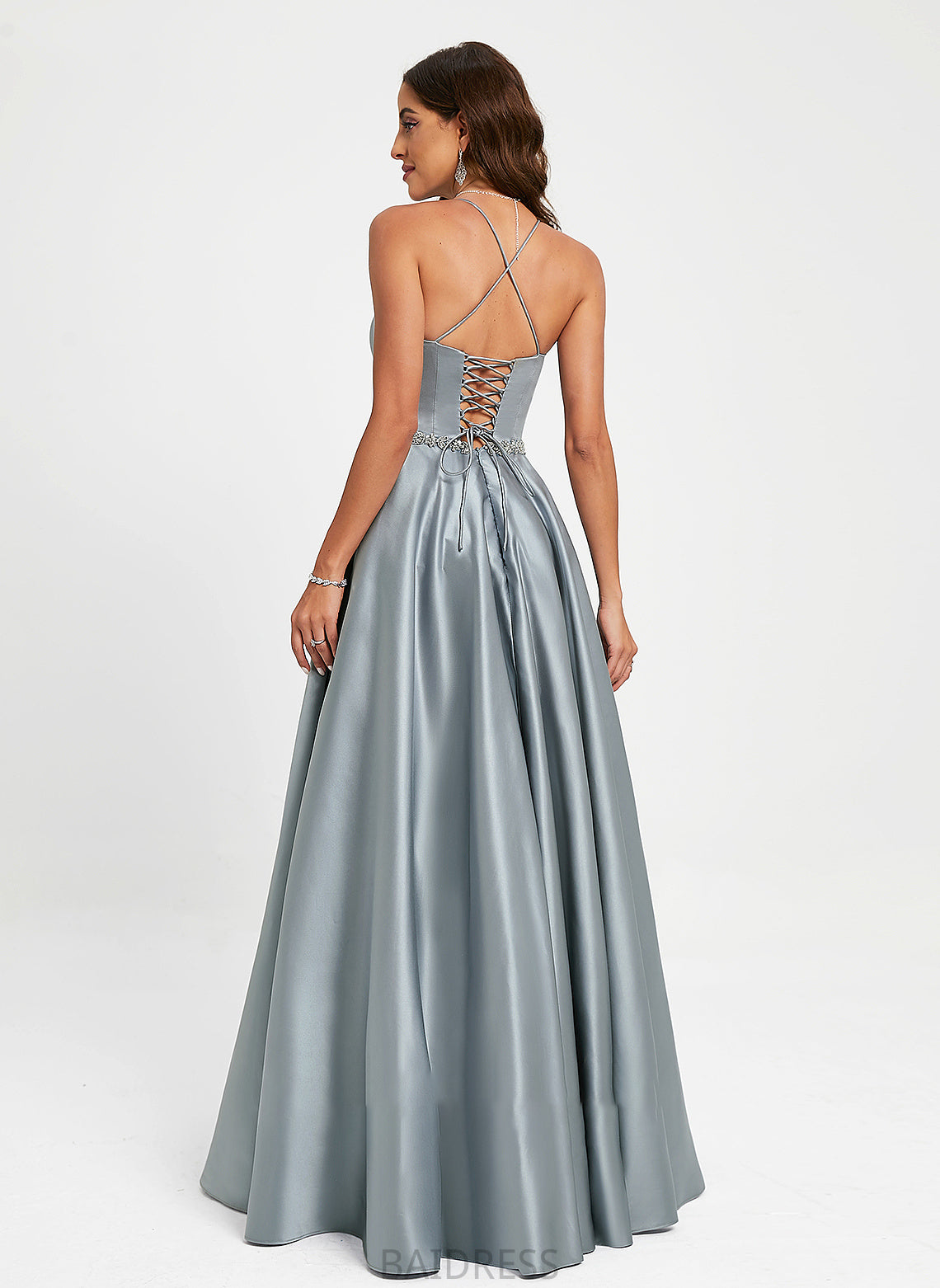Satin Beading Leilani Neck With Prom Dresses A-Line Scoop Floor-Length