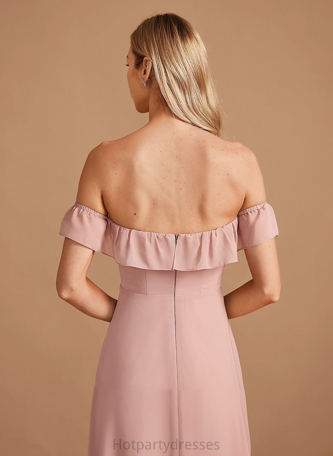 Fabric Neckline Length Floor-Length Off-the-Shoulder A-Line Ruffle Embellishment Silhouette Amani Sleeveless Natural Waist Bridesmaid Dresses