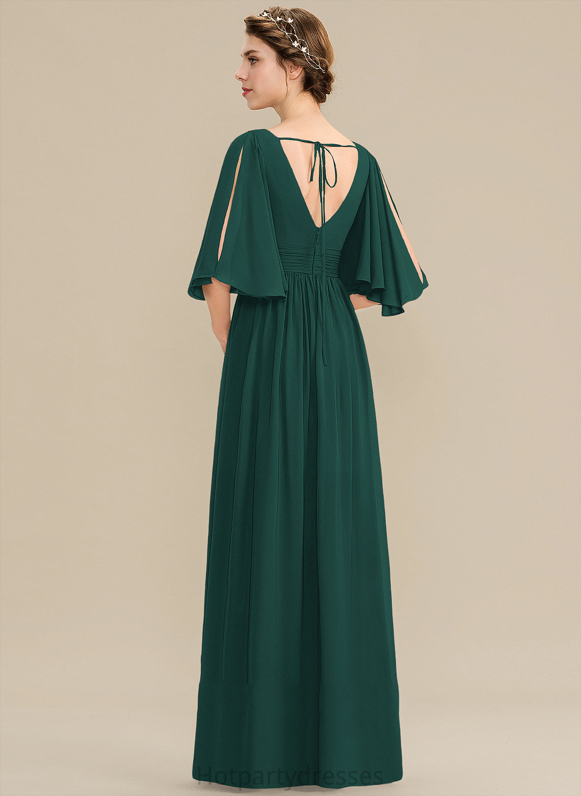 Bow(s) Fabric V-neck Neckline Ruffle SplitFront A-Line Silhouette Floor-Length Length Embellishment Aileen Bridesmaid Dresses
