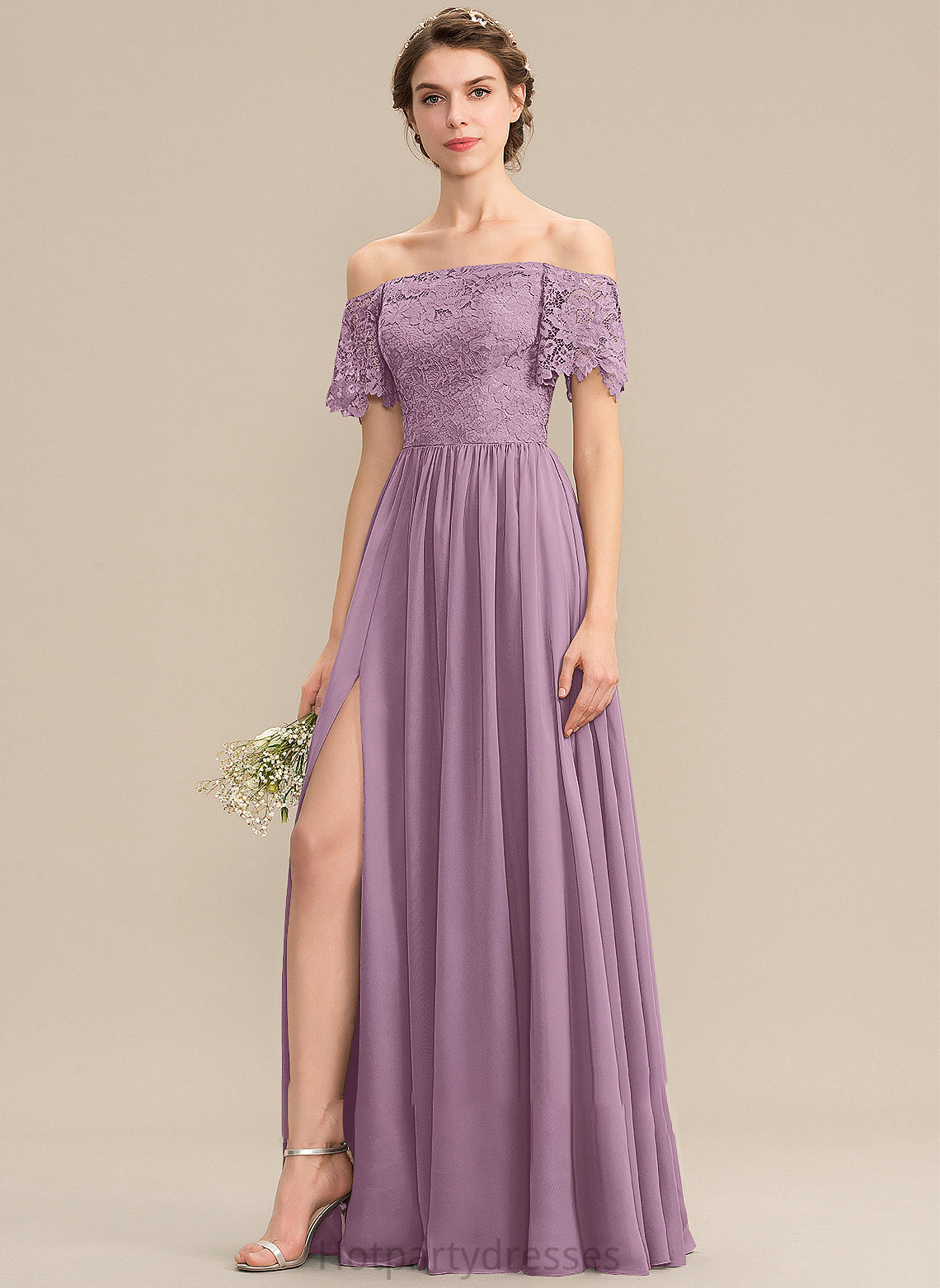 SplitFront Silhouette Length A-Line Floor-Length Neckline Off-the-Shoulder Fabric Embellishment Brianna Floor Length V-Neck Bridesmaid Dresses