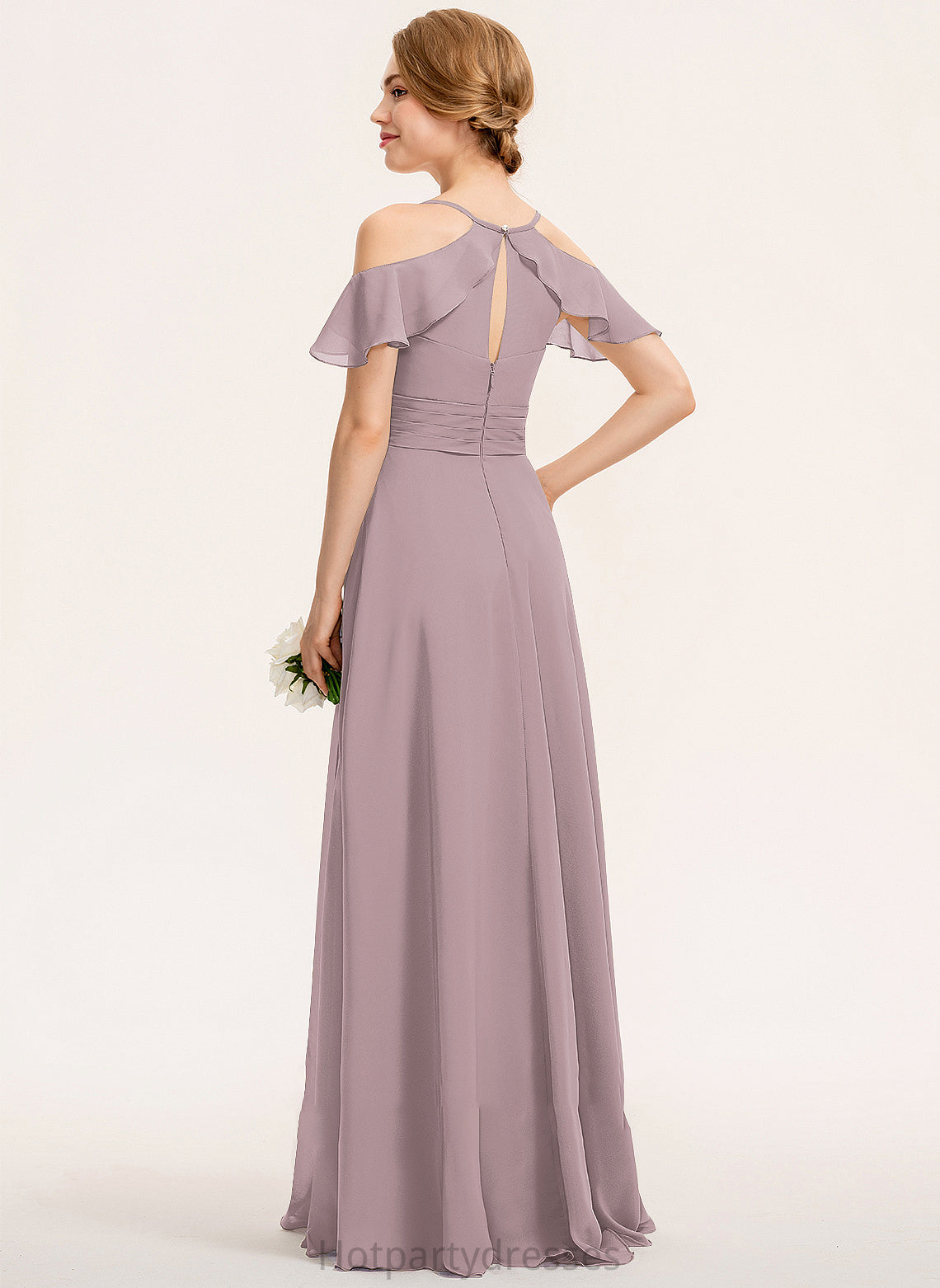 Silhouette Length Fabric Ruffle Embellishment SplitFront Floor-Length CascadingRuffles A-Line V-neck Neckline Kendal Bridesmaid Dresses