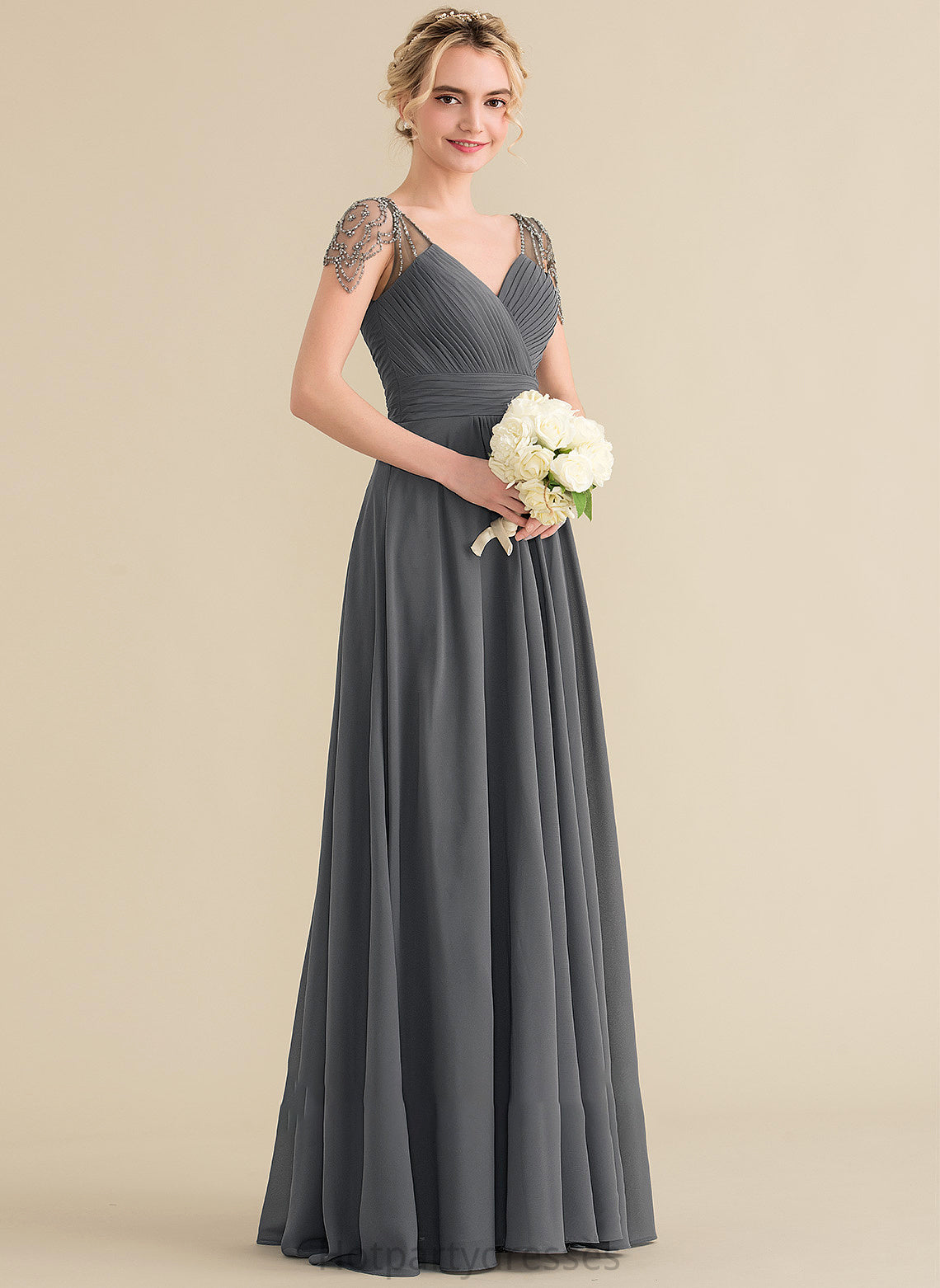Floor-Length Ruffle Sequins Embellishment Fabric Beading Length Neckline A-Line Silhouette V-neck Shea Bridesmaid Dresses