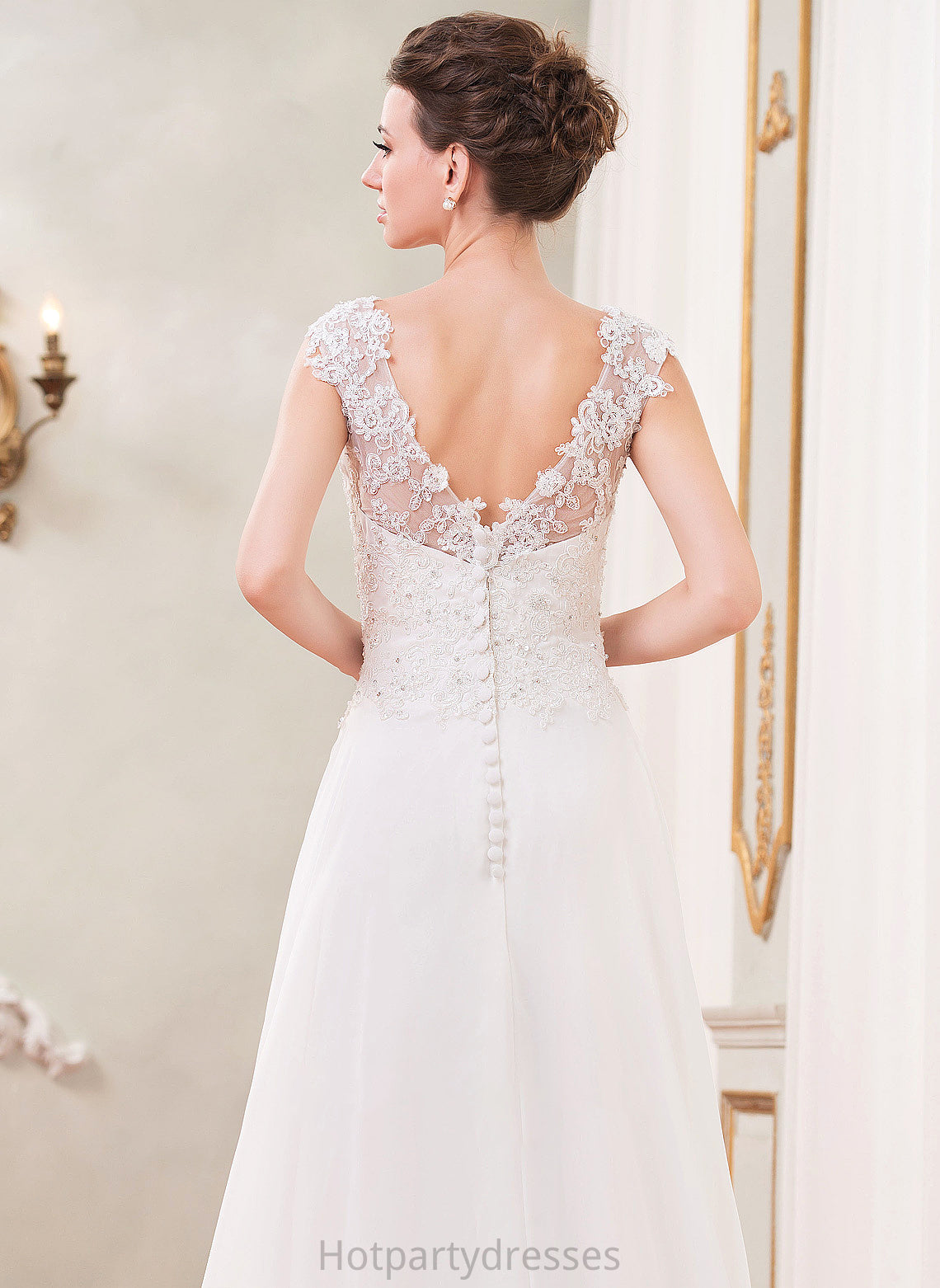 Averi Sweep V-neck Dress Sequins A-Line Lace Beading Train Wedding Dresses With Wedding Chiffon