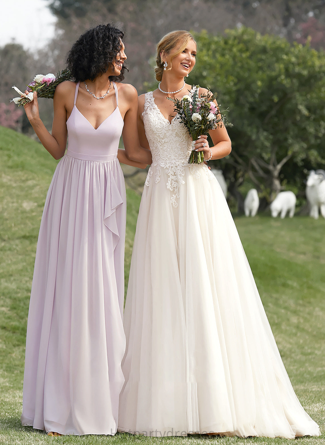 A-Line Embellishment SplitFront Asymmetrical Ruffle Neckline Silhouette Fabric V-neck Length Ava V-Neck Bridesmaid Dresses