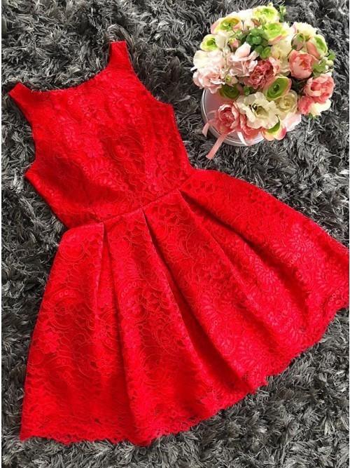 A-Line Round Neck Red Short Lace Chanel Homecoming Dresses CD10209