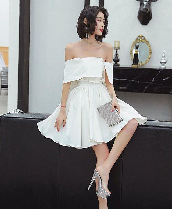 Cute White Short Summer Homecoming Dresses Satin Dress White CD11126