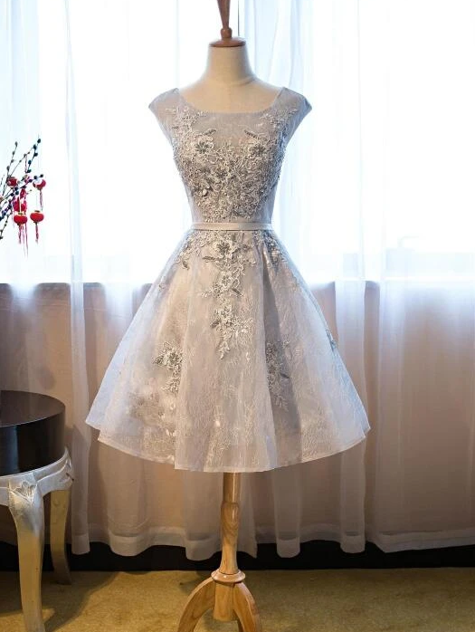 Jazlyn Lace Homecoming Dresses Light Grey Short With Applique CD12022