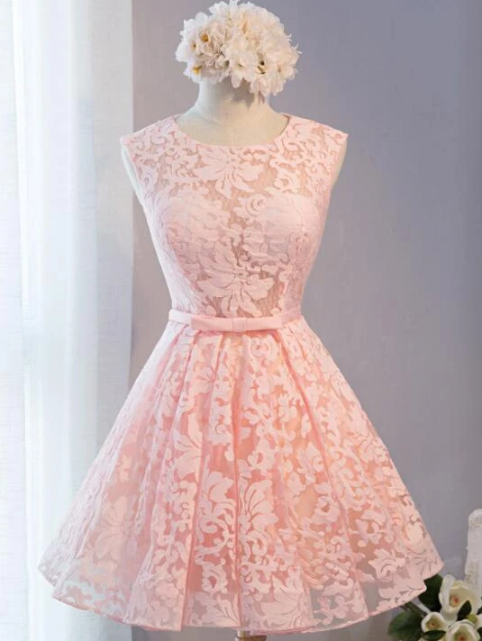 Knee Length Lace Alyson Homecoming Dresses Pink Party Dress CD12689
