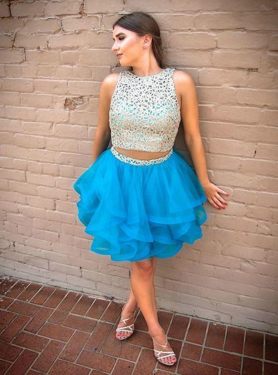 Two Piece Short Homecoming Dresses Lace Cora Blue Tulle CD13481