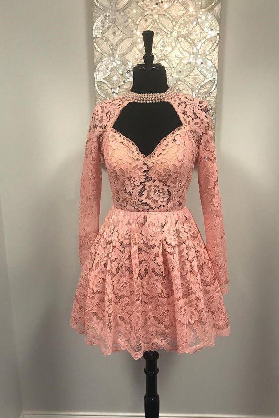 Sweetheart Long Pink Lace Jaylen Homecoming Dresses Sleeves Short CD14021