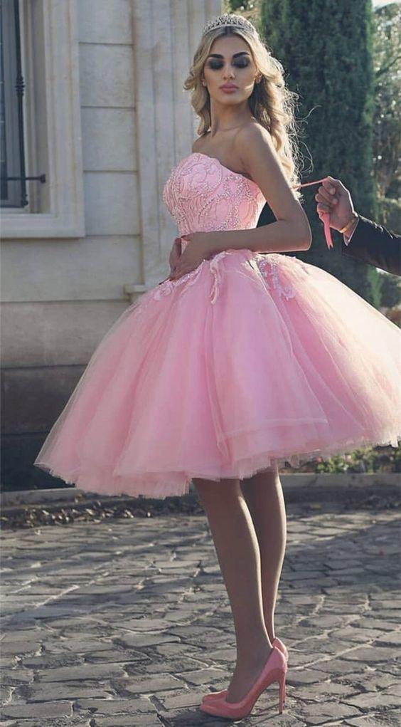 Beaded Sweetheart Tulle Homecoming Dresses Ashlynn Lace Pink Short CD14051