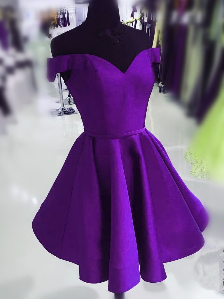 Purple Off Shoulder Short Homecoming Dresses Satin Mignon Cute CD19924