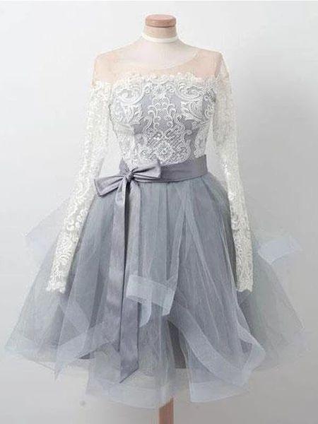 Lace Homecoming Dresses Elena Long Sleeves Grey Short Cheap CD20244
