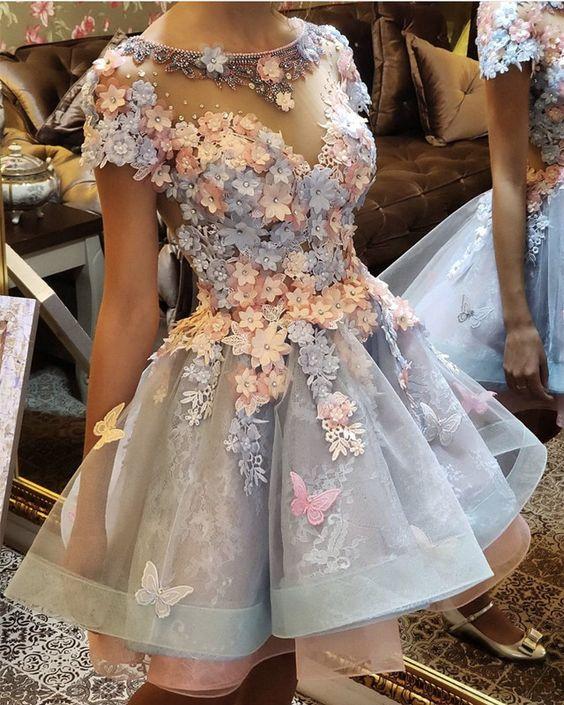 3D Homecoming Dresses Iyana Lace Flowers Embroidery Ruffles Short CD20224