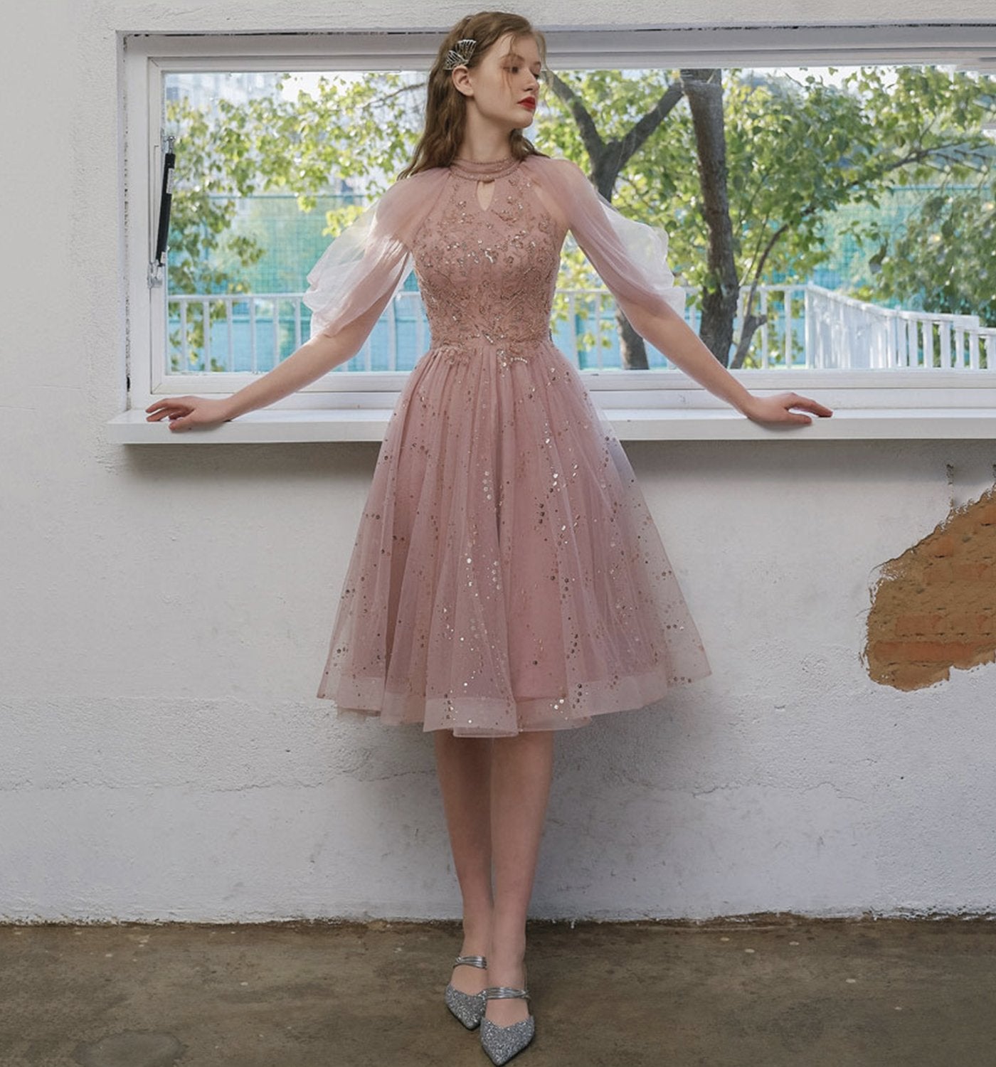 PINK TULLE BEADS SHORT PARTY DRESS Felicity Homecoming Dresses CD20774